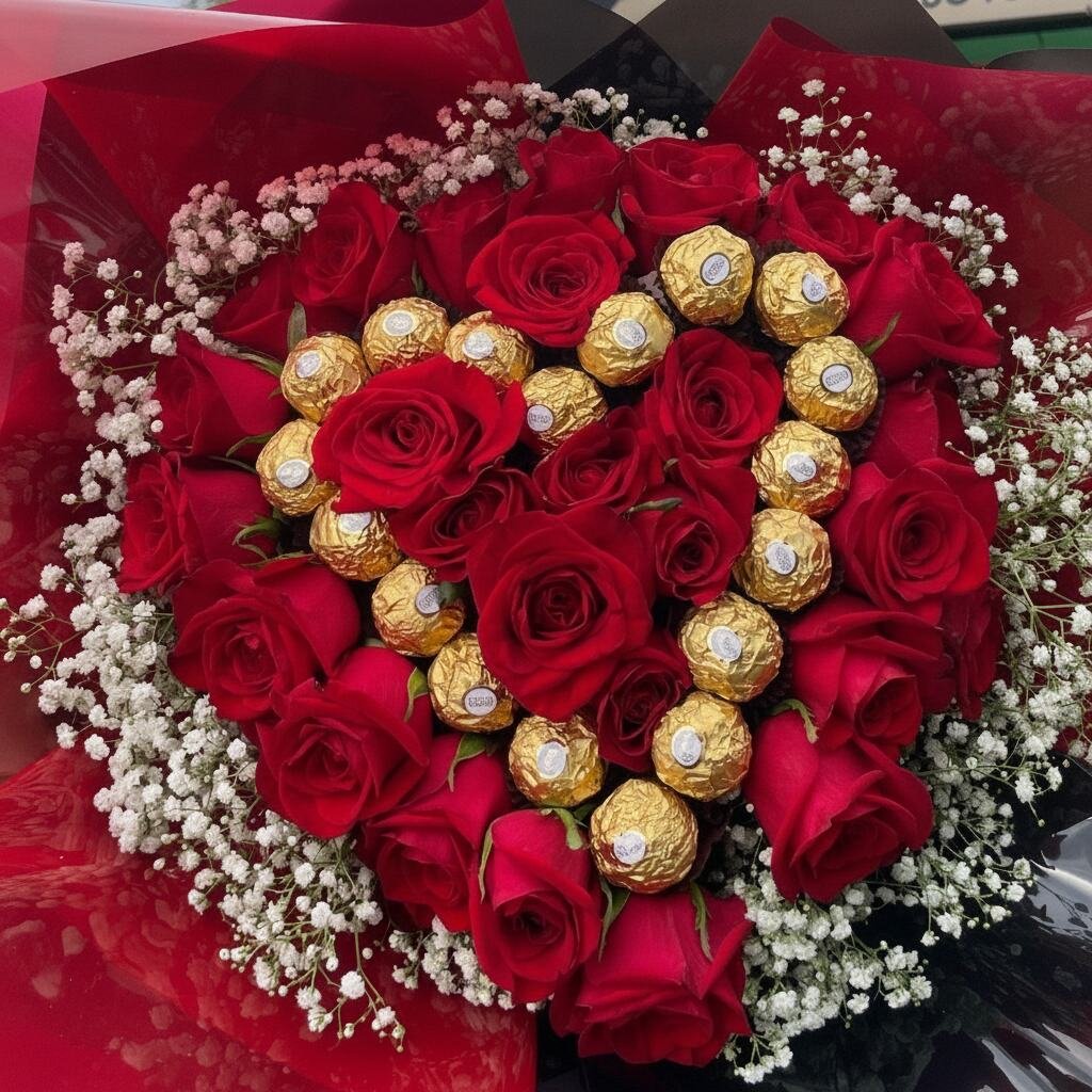 Buquê Simbiose Master, coração de rosas vermelhas com bombons Ferrero Rocher