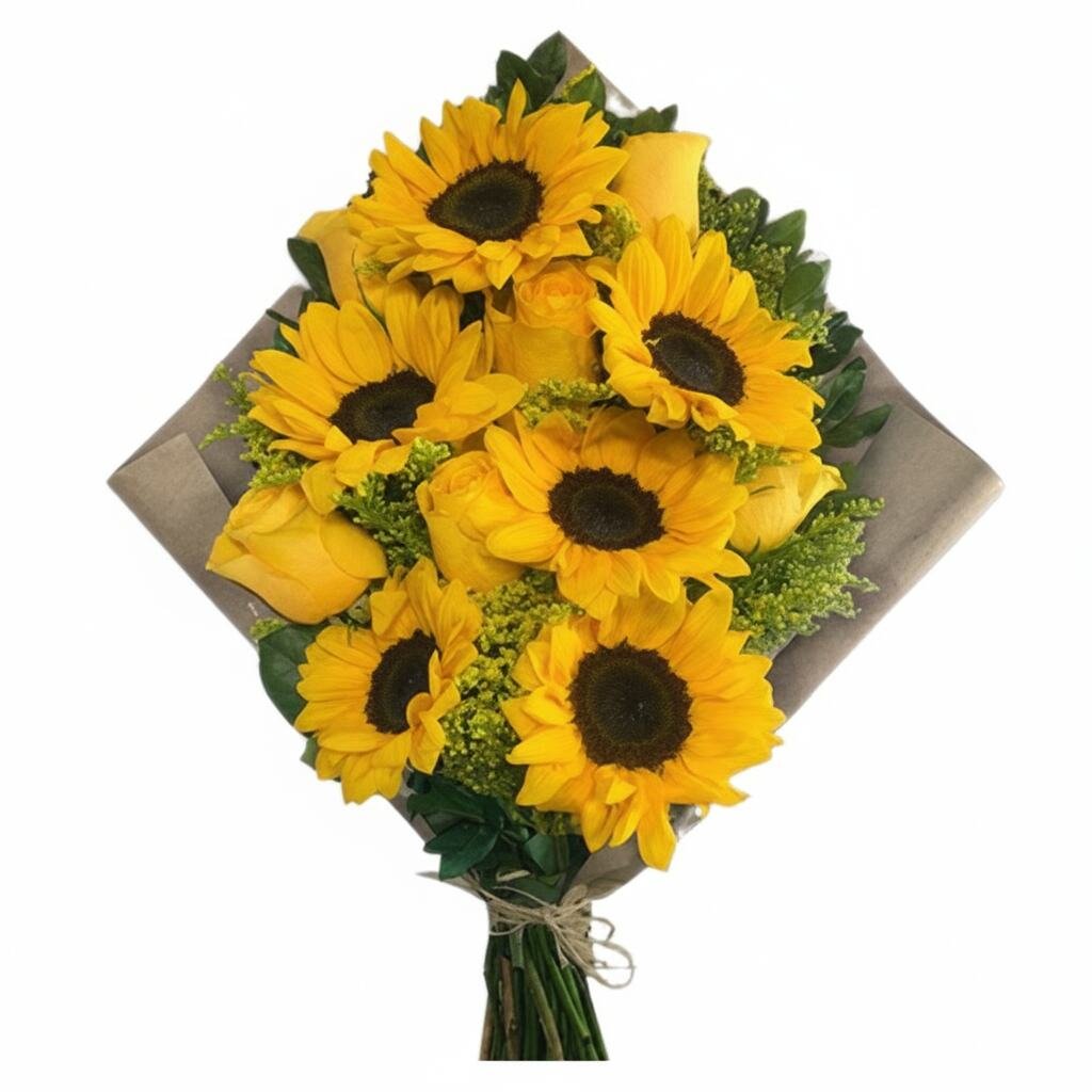 Buquê Golden Contos de Girassóis com girassóis e rosas amarelas