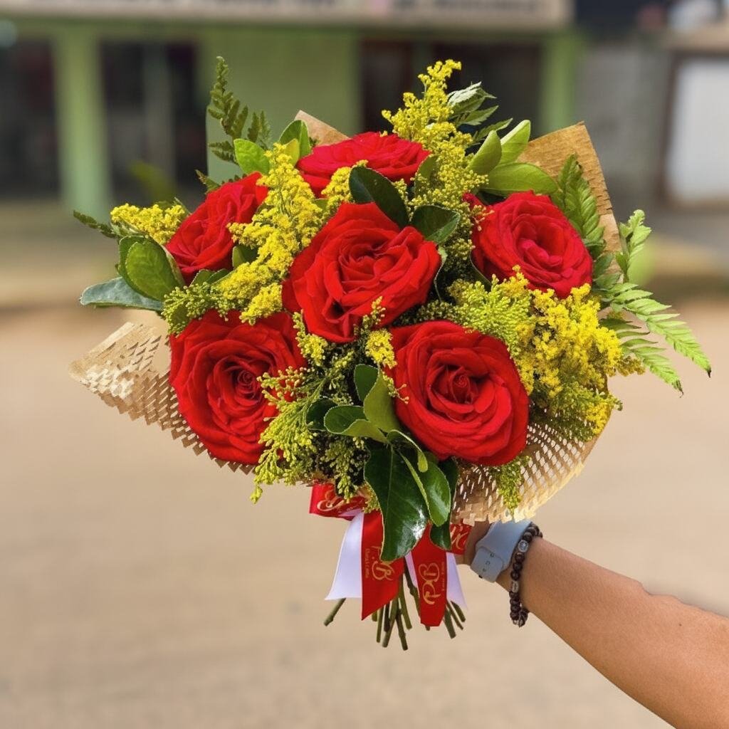Buquê de 6 rosas colombianas vermelhas com flor-de-noiva amarela