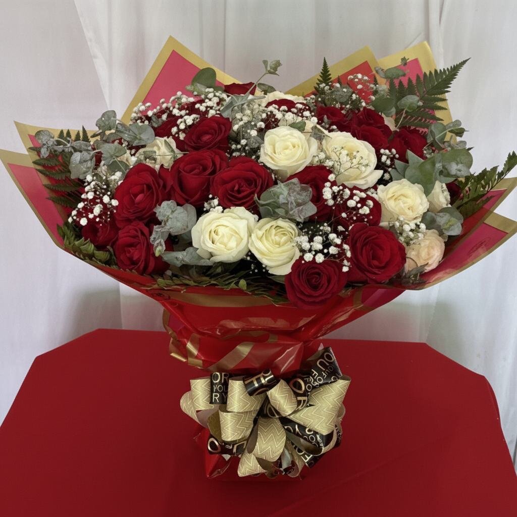 Buquê Deluxe de 50 rosas vermelhas e brancas