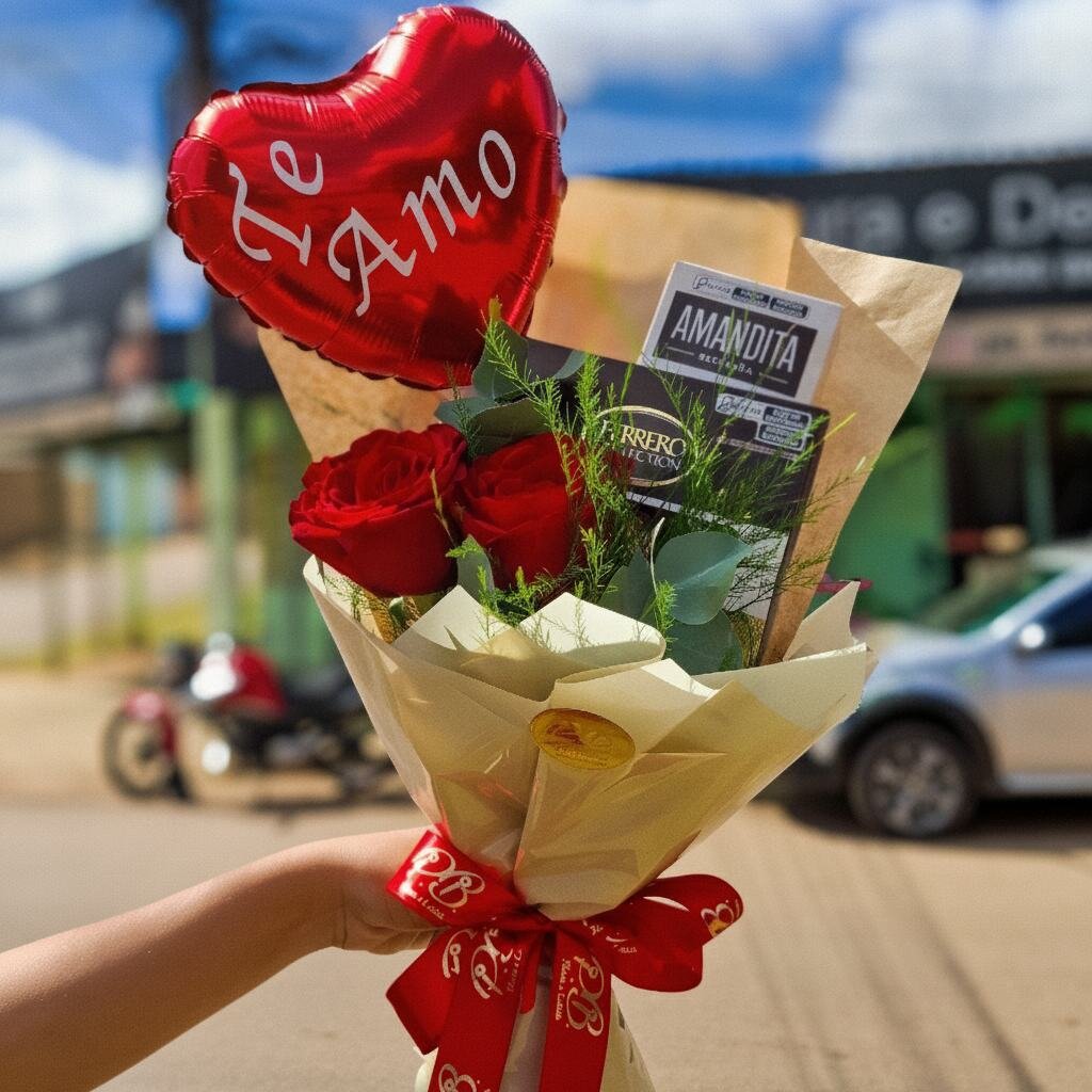 Buquê Paixão e Romance com rosas, chocolates e balão Te Amo