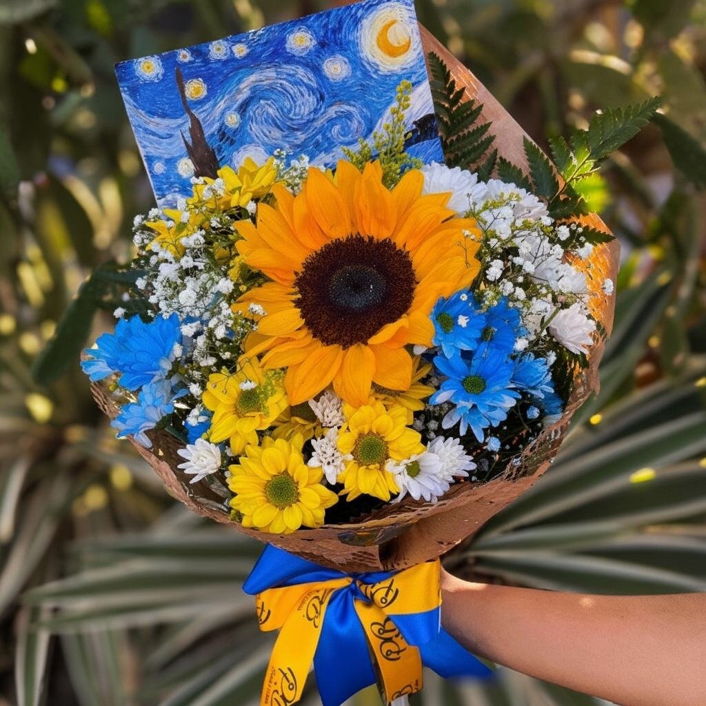 Buquê Céu em Flor com girassóis e margaridas azuis e brancas
