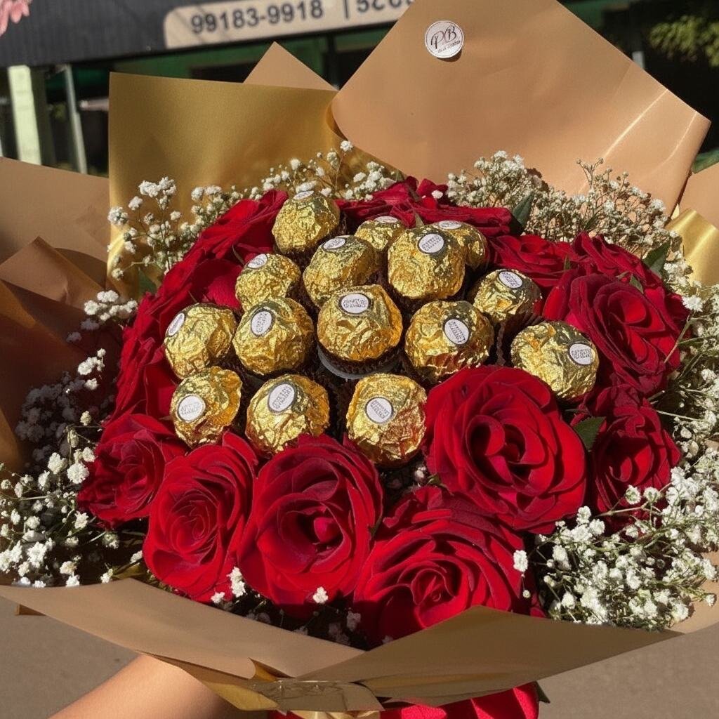 Buquê Simbiose com rosas vermelhas e Ferrero Rocher