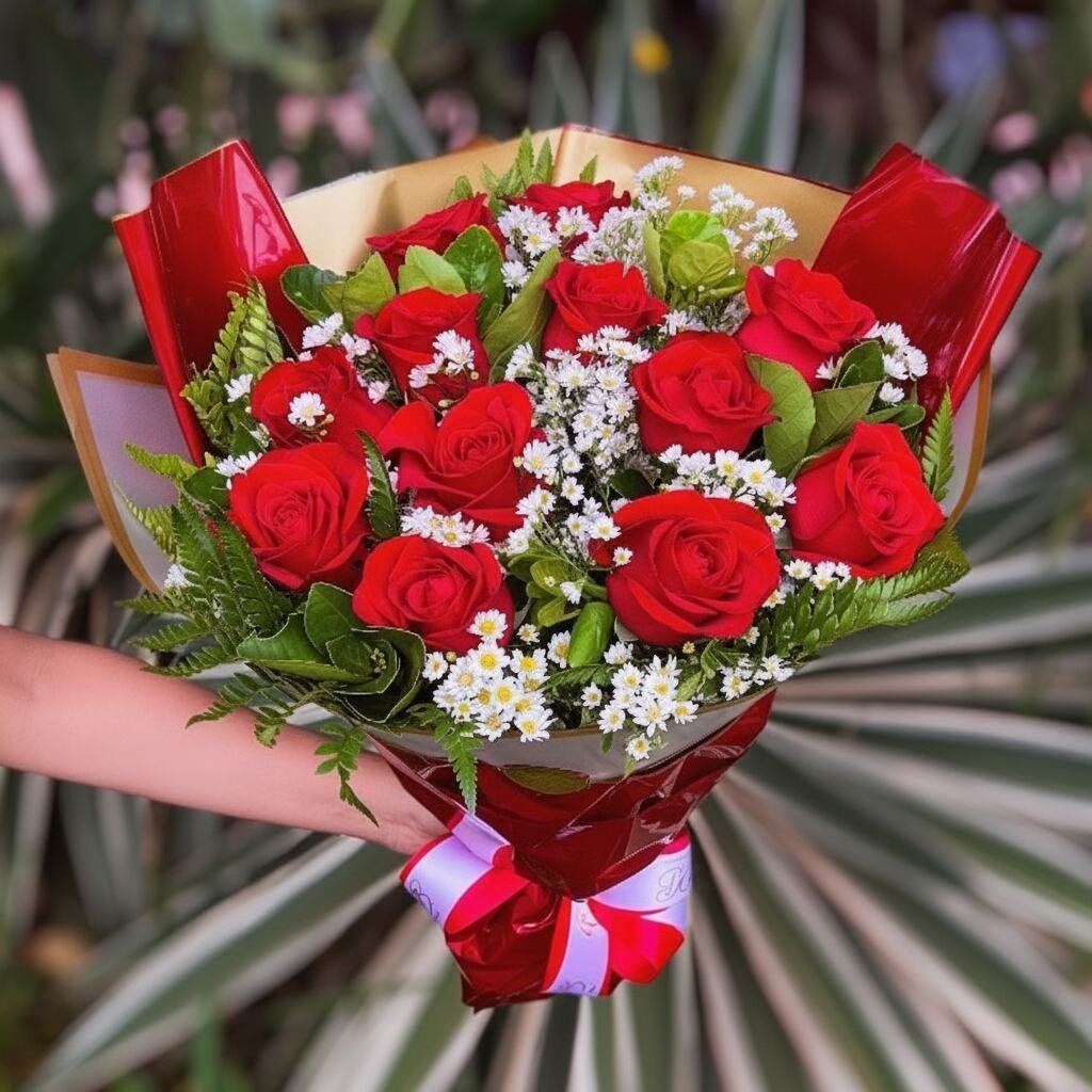 Buquê de 12 rosas vermelhas com margaridas brancas