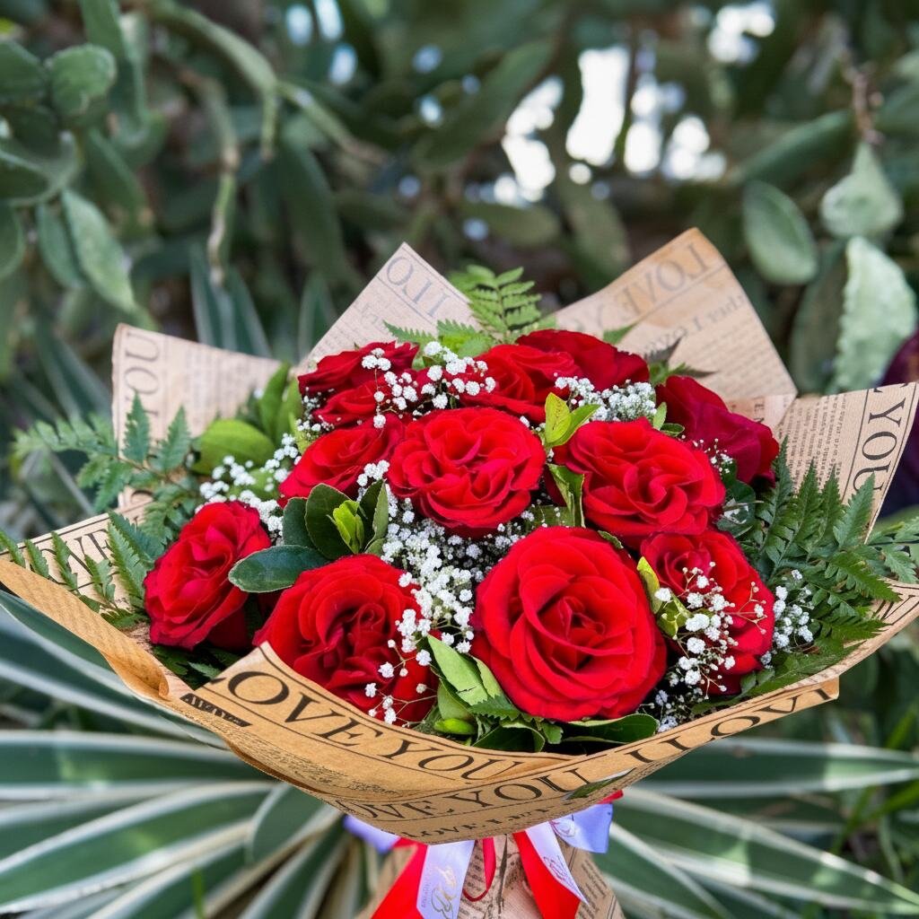 Buquê de 12 rosas colombianas com embalagem Love You